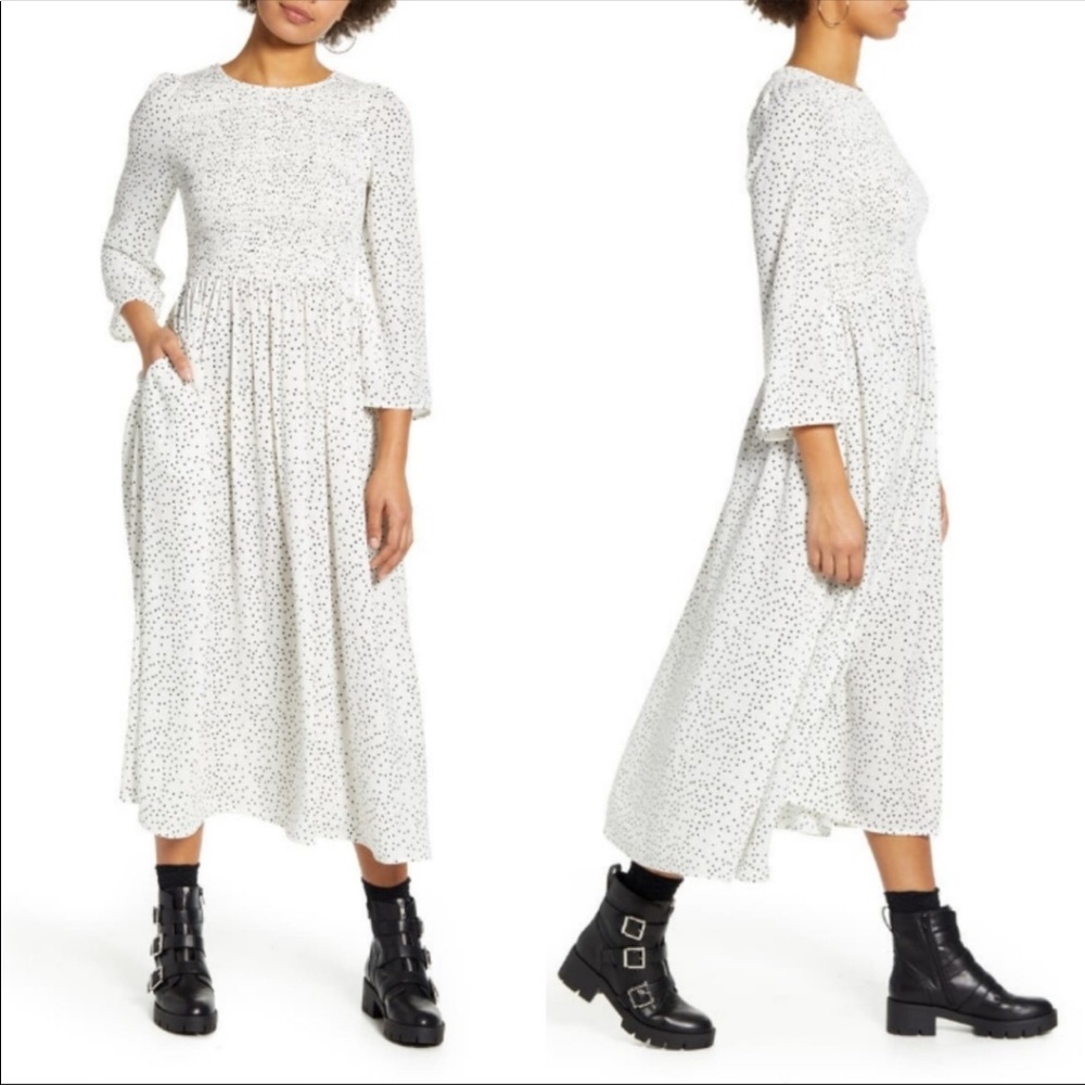 Women's White Polka Midi Dress with Long Sleeves